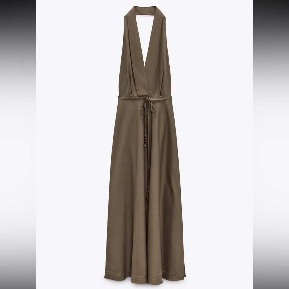 Zara Elegant Olive Halter Dress Size L